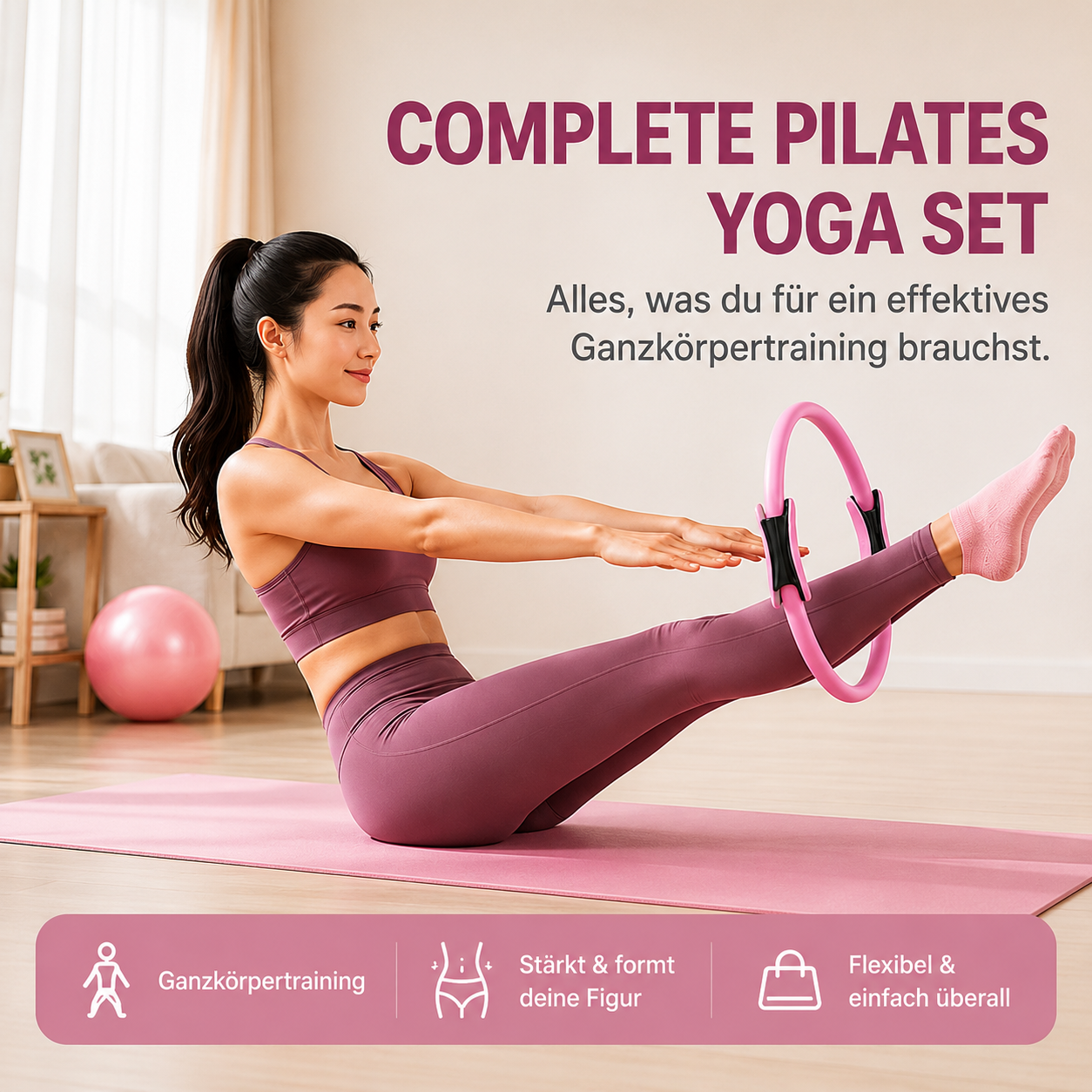 FitLuna Pilates-Set – Pilates-Ring, Gymnastikball und Widerstandsbänder